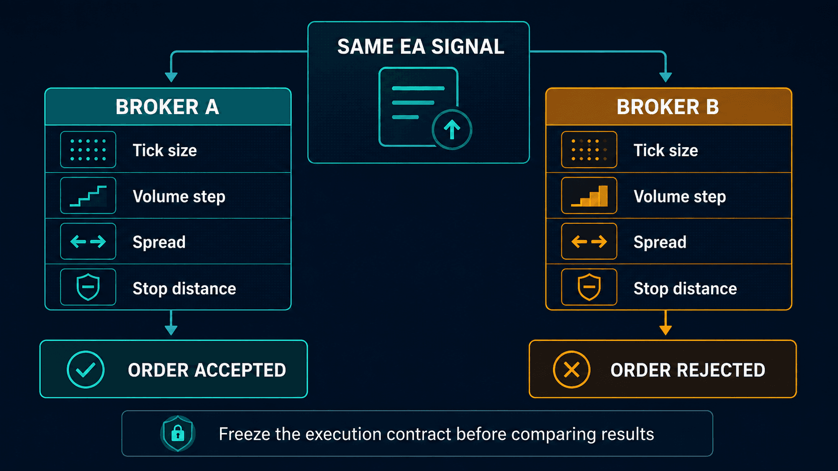 Broker execution contract comparing symbol specification, spread, fill policy and rejection handling