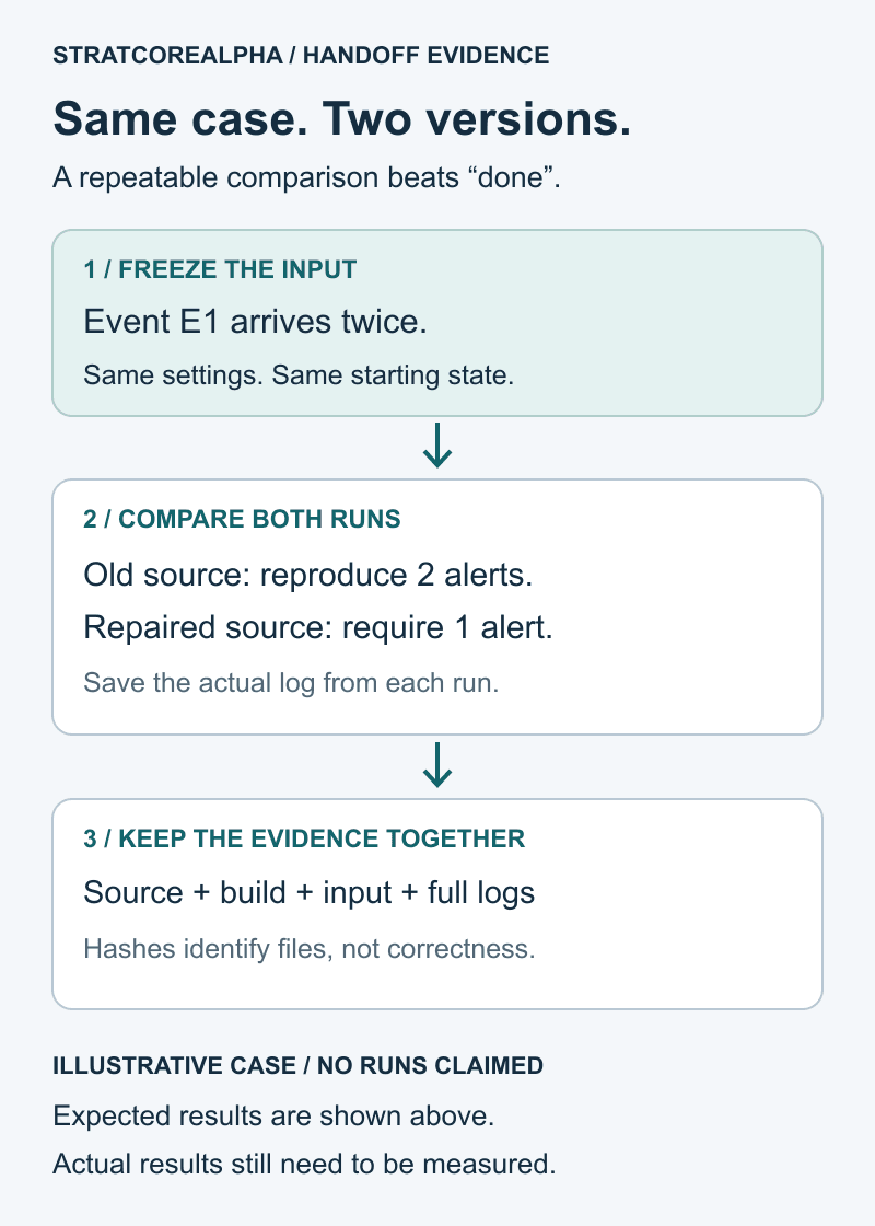 Illustrative repair check: repeat one event twice, reproduce two alerts before the fix and require one afterward. Actual logs still need to be measured.