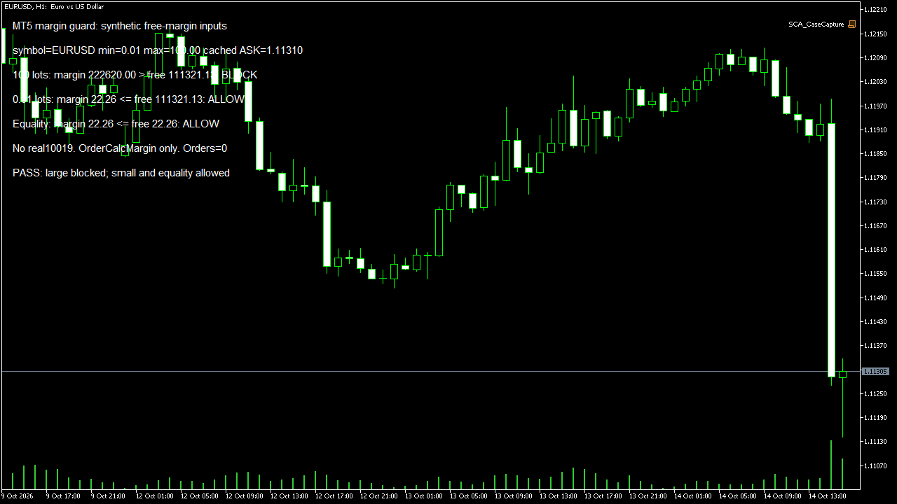 Own native MT5 margin estimates:100lots222620,0.01lots22.26; three synthetic free-margin guard cases and zero orders.